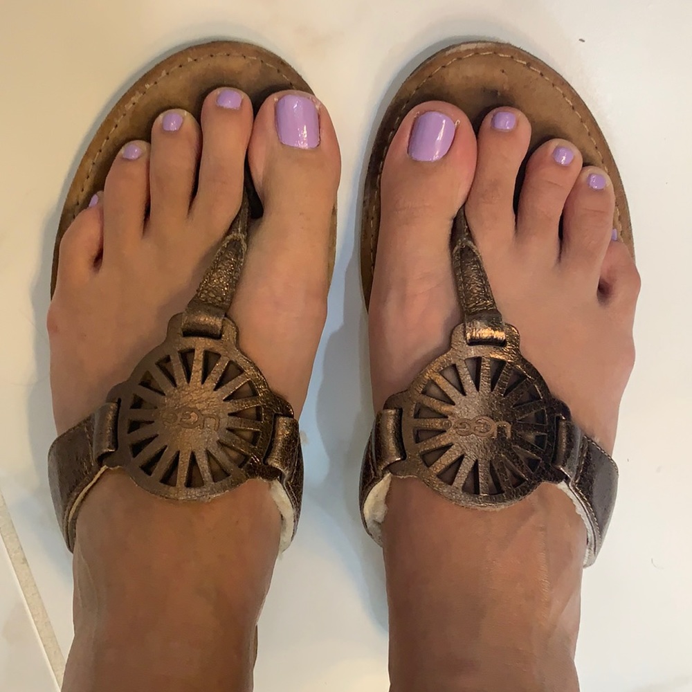 UGG leather and sheepskin T strap sandals